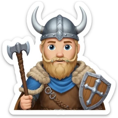 A tall Viking with braided blond beard, fur cloak, and heavy axe resting on his shoulder with horned helmet sticker