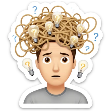 Person with a chaotic mind, swirling tornado of tangled thoughts around their head, containing question marks, light bulbs, and scribbles. The person has a bewildered, overwhelmed expression. sticker