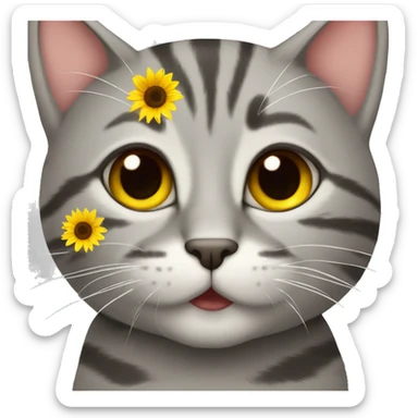 gray tabby cat face with sunflower petals around head sticker