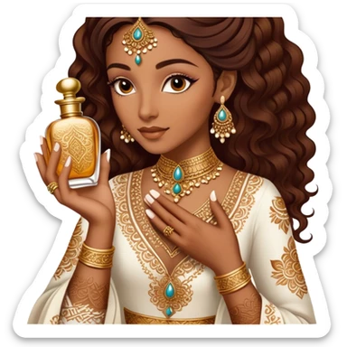 A mesmerizing close-up of henna-adorned hands delicately holding an ornate perfume bottle. The deep, intricate henna patterns beautifully contrast against the soft skin, while the luxurious gold-embellished bottle exudes opulence and tradition. sticker