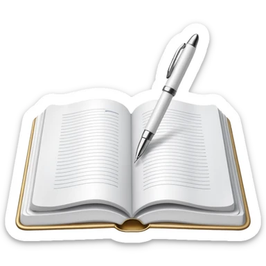 "A white open book,The pen should be positioned as placed exactly in the center between the pages.  if held by a right-handed person - meaning the direction is reversed compared to a left-handed grip. The pen should be uncapped, and the cap placed behind it." sticker