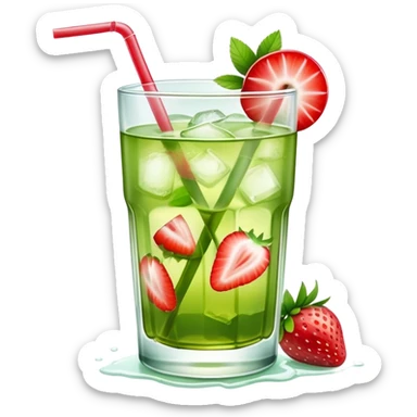 glass of iced green tea with strawberry slices sticker