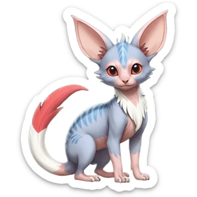 Furry, fluffy feathery scaly, Minccino-Sphynx-Lykoi-Linoone-Zangoose-fusion-hybrid-animal-Fakémon-creature, full body, thin long sleek scaly tail, intricate markings sticker