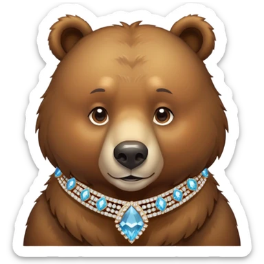 Brown bear on four legs with an elegant diamond collar that sparkles around its neck, gemstone collar, detailed jewelry sticker