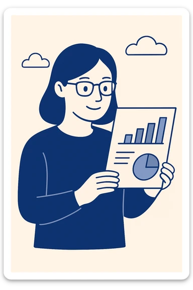A woman wearing glasses and looking at data, in flat blue illustration style. sticker