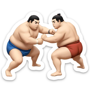Two sumo wrestlers in a classic dohyo ring, each displaying powerful stances and ready to engage in a fierce match. One wrestler attempts a pushing attack, while the other counters with a thrust. The background shows the traditional sumo arena and spectators. Transparent background. sticker