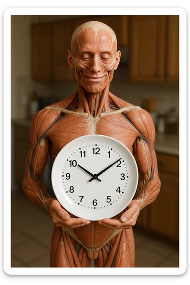 corpo umano anatomico, che tiene in mano un piatto bianco con la lancette di un orologio sopra, figura visibile fino ai fianchi, espressione del volto soddisfatta, sullo sfondo la sua cucina sfocata, iperrealistico 4k sticker