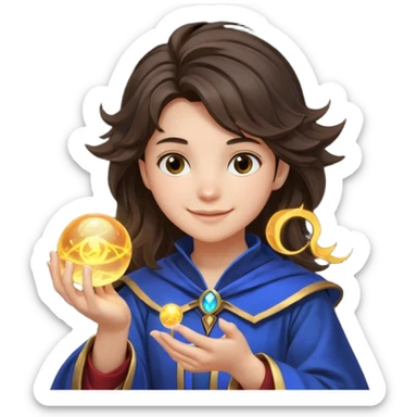 A teen brunette mage with tousled hair, holding a tiny glowing orb and smiling confidently. sticker