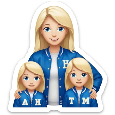 smiling mother in letterman jacket Blue eyes, Name is Tini, two Little girls Long blond straight hair and Blue eyes sticker