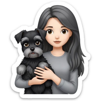 A long-haired girl holding a black and silver schnauzer sticker