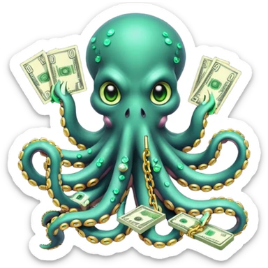 Intimidating octopus with pearl black skin, neon suction cups. Evil glaring eyes. Wearing a thick gold chain. 3 tentacles are holding their own cellphone, 2 other tentacles are holding stacks of money sticker