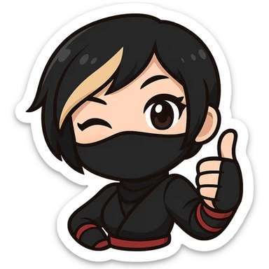 Sexy chibi ninja girl with black short hair and a blonde streak, only head and arms, giving a thumbs up, bold outlines, no mask, sized for Twitch emoji use, transparent background. sticker