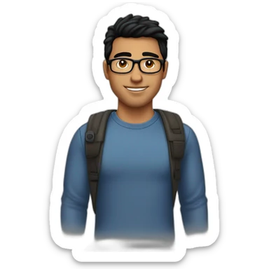 Hispanic dude. Fringe up haircut. Black hair. Glasses. Brown eyes. Dimples sticker