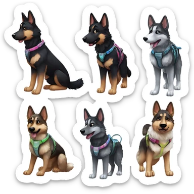  Black spotted brindle German shepherd husky fluffy ears and holographic harness running sticker