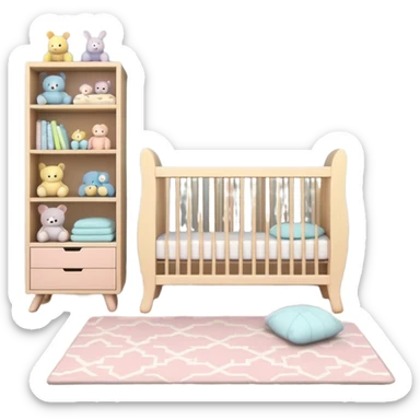 baby room, Crib beside toy shelf and rug sticker