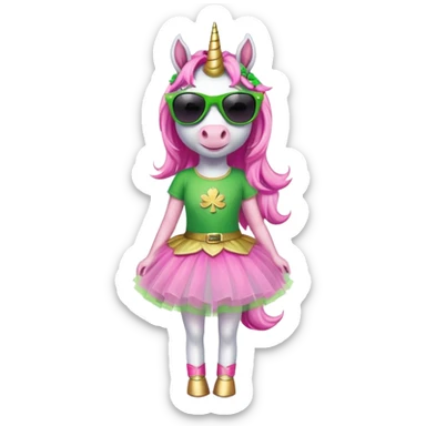 friendly anthropomorphised female unicorn with horse-like face, in tutu and pink t-shirt, wearing dark sunglasses, holding a shamrock or wearing a green accessory for St. Patrick's Day sticker