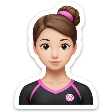 A female gymnast with brown hair in a neat bun, wearing a black uniform with pink elements. sticker