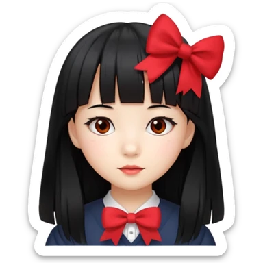 Asian student girl little with long straight black hair, bangs, red bow sticker
