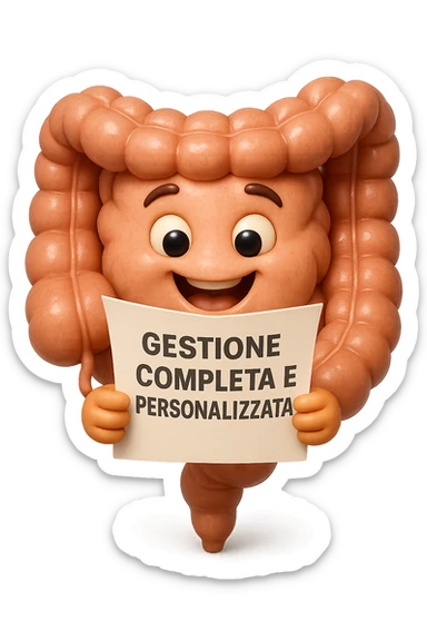 emoji stile iphone di un intestino umano anatomico ED ESPRESSIONE FELICE MENTRE LEGGE con foglio in mano con la scritta "GESTIONE COMPLETA E PERSONALIZZATA"
IPERREALISTICO 4K sticker
