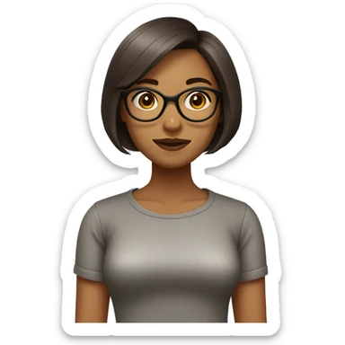 A woman with a fair, round face, large eyes, and a small mouth. She wears glasses and has a cute, shoulder-length bob haircut in brown sticker