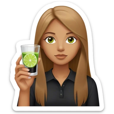 tan woman, black shirt, long light brown straight hair, grey eyes, holding a shot with lime sticker