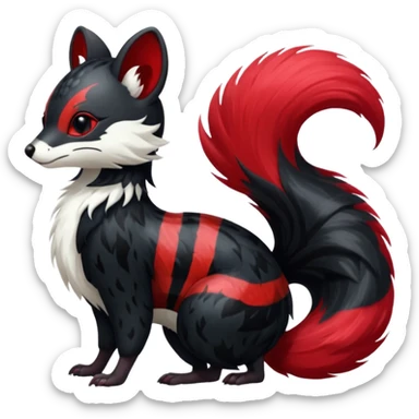 Feral Rare Fantasy shiny soft fuzzy furry vibrant tropical obsidian-black and crimson-red Vernid-Trico-species-creature by LiLaiRa, random markings, tufted tail, tufted ears, full body with markings with white skunk-tail-stripes sticker