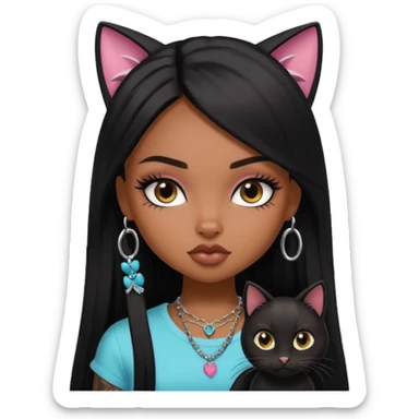 black long straight haired pretty bratz baddie with tattoo and black cat sticker