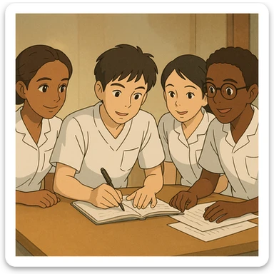 Scene of four nursing students working together, Ghibli style, in short-sleeved white medical uniforms with V-neck collars, left chest pockets, no stand-up collars, no stethoscopes, clean sleeves. Characters resemble traits from four provided photos. sticker