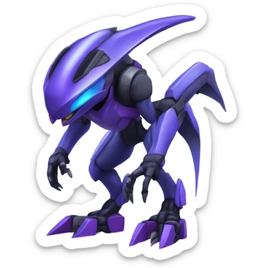 a black-blue-purple Genesect-Raptor-Fakémon—hybrid with a futuristic visor-helmet full body sticker