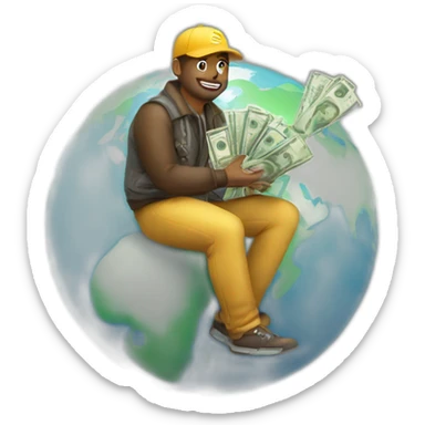 man sitting on globe with money bag sticker