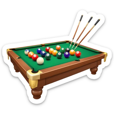 A close-up of a billiard table with a cue stick lined up to strike a colorful set of balls. The focus is on the precision of the shot, with the table’s green surface and the triangular arrangement of balls, creating a dynamic scene of strategy and concentration in the game of billiards. sticker