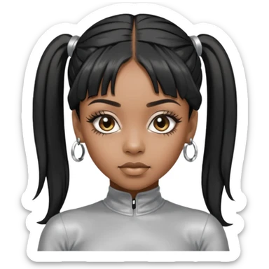 Left Eye from TLC with dark skin, long black ponytail hair, silver outfit sticker