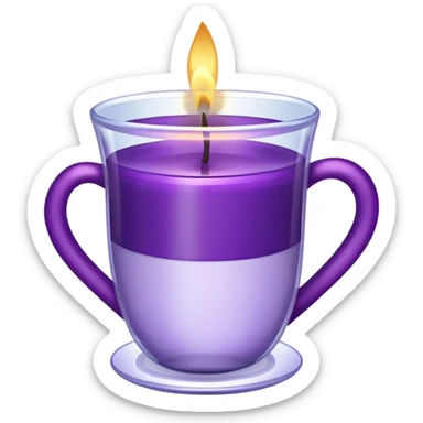 A transparent shot cup with purple wax that is lit as a candle, and purple ribbon wrapped around the cup. sticker