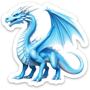 Cinematic Noble Fierce Ice Dragon full body Emoji, Poised and imposing, distinct long elegant snout, with a slender, scaled body shimmering in glacial hues of icy blue, frostbitten silver, and crystalline white, breathing out frost, with piercing, glowing eyes that radiate the chilling depths of an arctic storm; rendered in detail. displaying its wings sticker