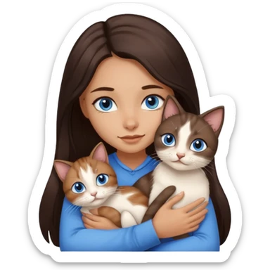 a pretty girl with long dark 
brown hair, with blue eyes, hugs 3 different natural coloured small cats sticker