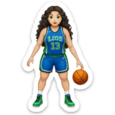 Full Body light skin Latino plus size full figured women basketball player with long wavy dark hair  full face  wearing blue and green uniform sticker