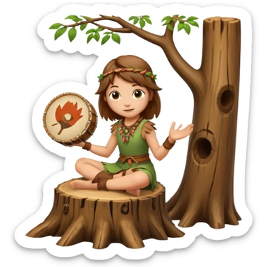 forest spirit girl with short brown mullet playing hand drum, sitting on tree stump sticker