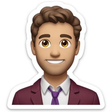 white young teacher, brown eyes and short brown hair with short brown beard. Smiling. Wearing burgundy blazer and collarless white shirt. Wearing a purple lanyard sticker