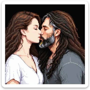pixel art romantic atmosphere of a couple kissing: white woman with long wavy dark brown hair and white man with long hair and black beard sticker