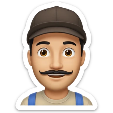 smiling streamer man with short black beard, short black mustache, black eyebrows, and a cap sticker
