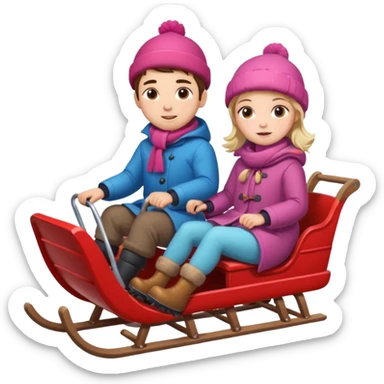 sledge surrounded with snow with boy and girl on top of it riding sticker