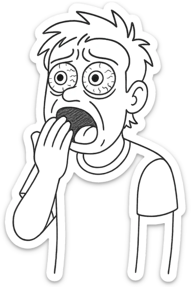 Remove the background, keep the ordinary person yawning with wide, red eyes, looking exhausted from lack of sleep, in the same wojak meme style, with a transparent background. sticker