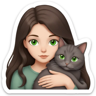 Brunette girl with long hair and green eyes snuggling a Smokey gray cat  sticker