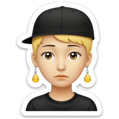 Create me an emoji like that, sad, with earrings, a black cap backwards, yellow skin like an emoji, and short hair down to the nape of my neck. sticker
