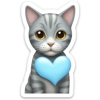 Gray cat with white stripes next to a pastel blue heart sticker