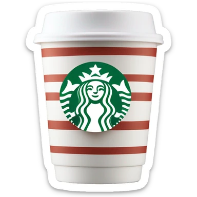 A Starbucks coffee cup with red and green stripes and the Starbucks logo on the front, white lid sticker