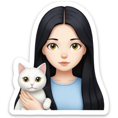 black long hair girl and white cat sticker