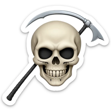A laughing skull with a scythe crossed behind it, one eye socket winking. Clean, stylized lines, flat vector. Medieval woodcut style. Black and white with one accent color (tarnished silver). No background. sticker