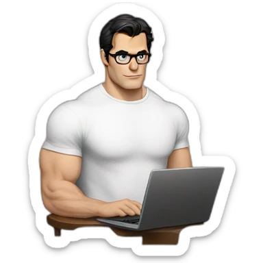 henry cavill clark kent wearing white t-shirt using a laptop front view sticker