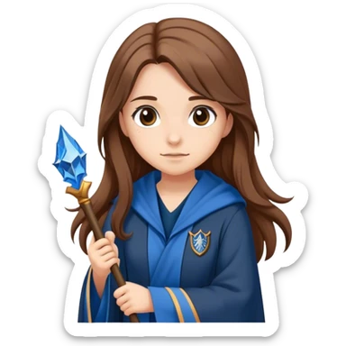 Girl with Long Brown Hair and a ravenclaw rope and a wand sticker